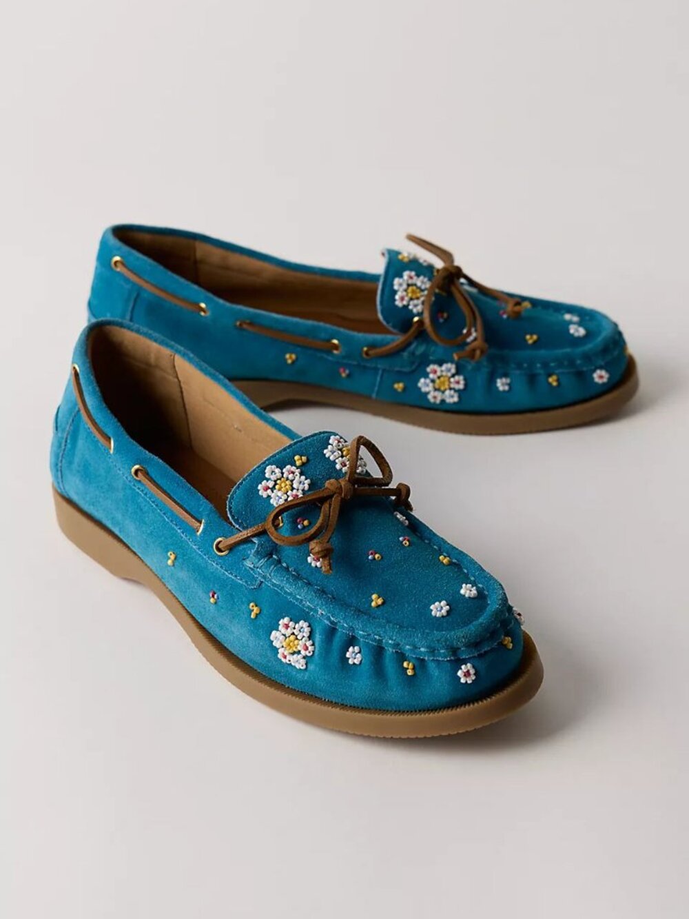 FREE PEOPLE Sandy Seed Bead Boat Shoes / Emerald Tide Suede